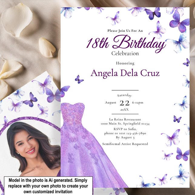 Invitation Papillons Violets Et Robe Début De 18 Ans (Créateur téléchargé)