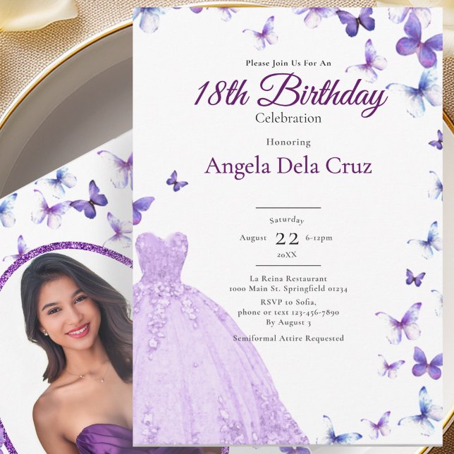 Invitation Papillons Violets Et Robe Début De 18 Ans Annivers (Créateur téléchargé)