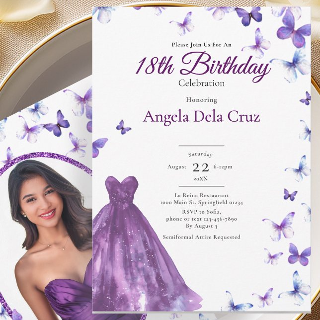 Invitation Papillons Violets Et Robe Début De 18 Ans Annivers (Créateur téléchargé)