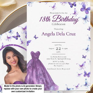 Invitation Papillons Violets Et Robe Début De 18 Ans Annivers