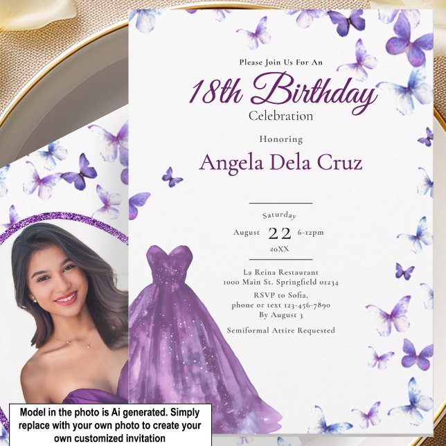 Invitation Papillons Violets Et Robe Début De 18 Ans Annivers (Créateur téléchargé)