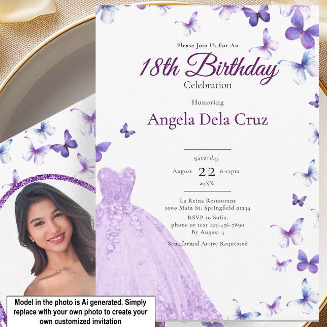 Invitation Papillons Violets Et Robe Début De 18 Ans Annivers (Créateur téléchargé)