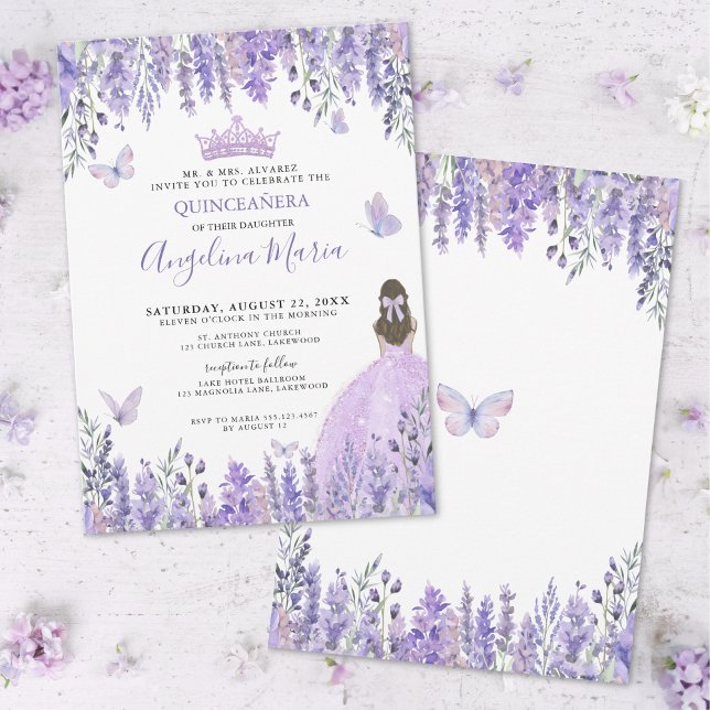 Invitation Papillons Violets Fleurs Quinceañera (Purple Lilac Butterflies Tiara Floral Quinceañera Invitation)