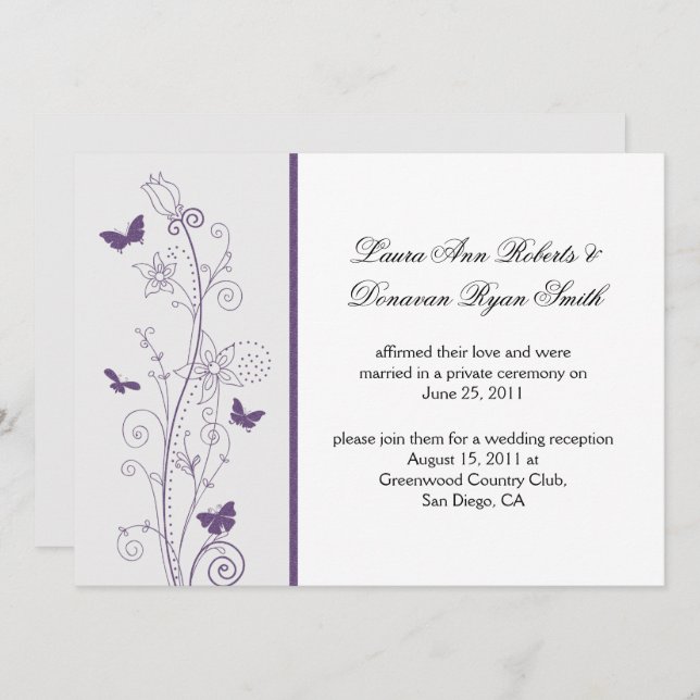 Invitation Papillons violets Fleurs sur Mariage de poste gris (Devant / Derrière)