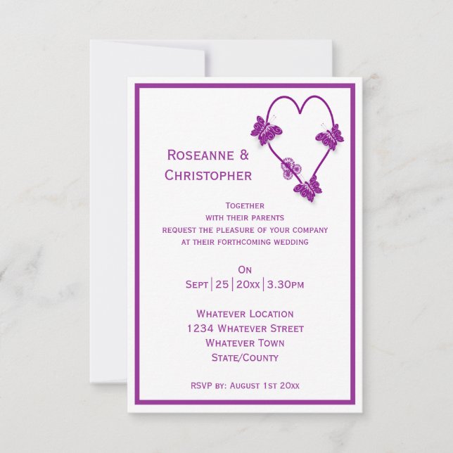 Invitation Papillons violets Mariage de conception cardiaque (Devant)