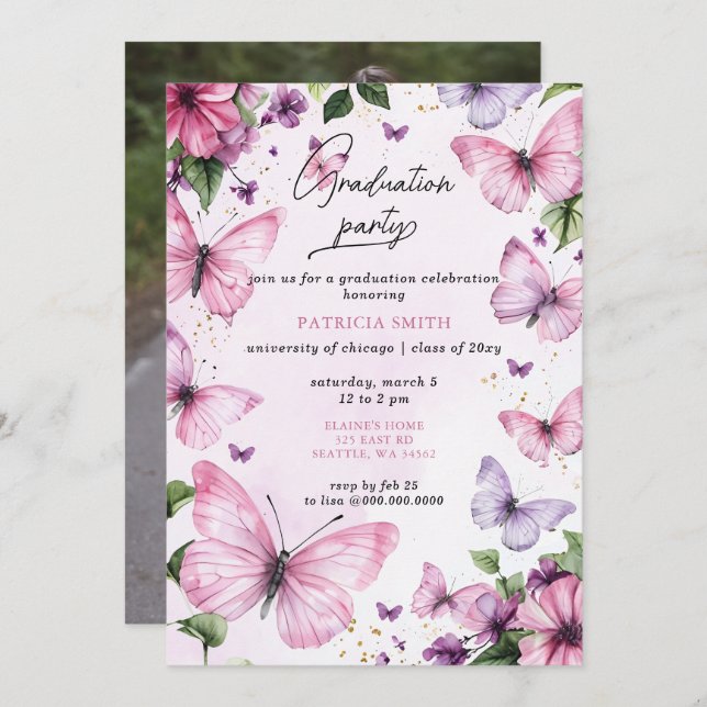 Invitation Papillons violets rose Fête de graduation Photo (Devant / Derrière)