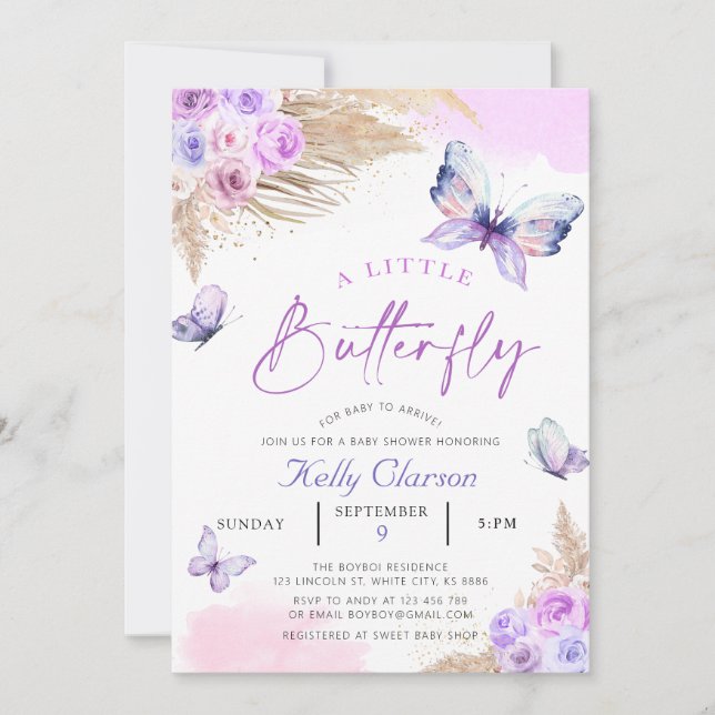 Invitation Papillons Violets Un Petit Baby shower Papillon (Devant)