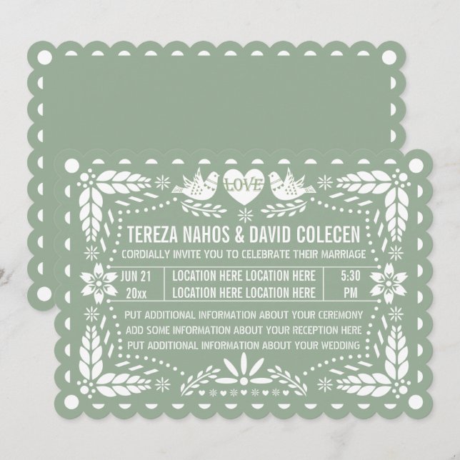 Invitation Pappel vert Sage picado inséparables mariage de la (Devant / Derrière)