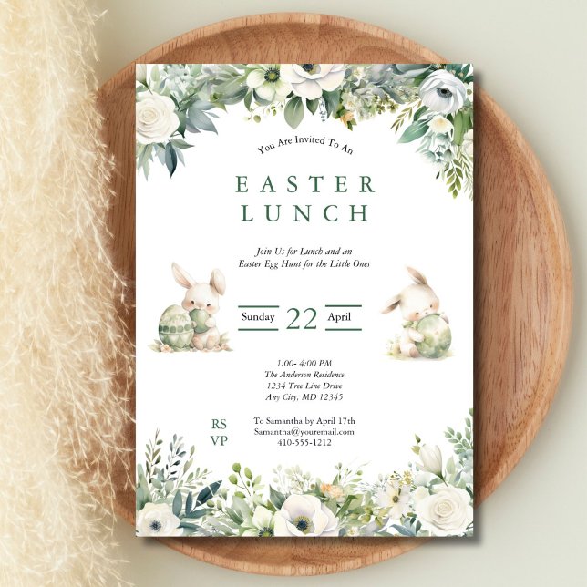 Invitation Pâques Déjeuner Chasse Oeuf Sage Vert Aquarelle Fl (Bunnies Sage Green Watercolor Florals Easter Lunch Egg Hunt Invitation, Digital or Printed)