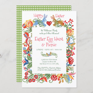 Invitation Pâques Folal Lapin Floral Rabbit En vichy chasse a