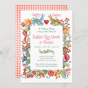 Invitation Pâques Folk Art lapin lapin rose En vichy chasse a