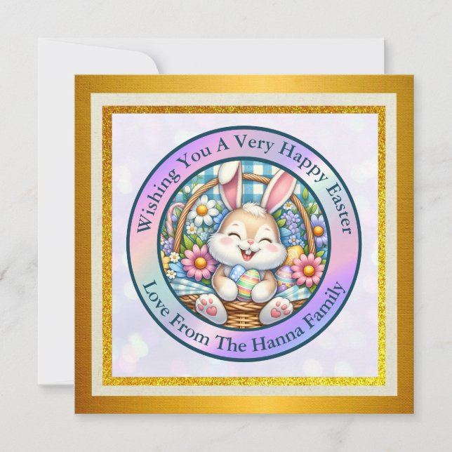 Invitation Pâques joyeuses avec du lapin mignon, des oeufs et (Devant)