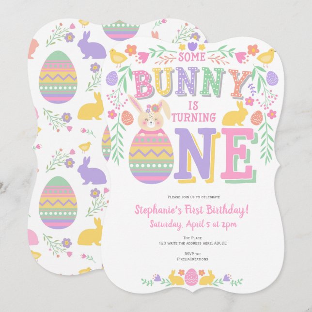 Invitation Pâques, Lapin, Première Fille, Anniversaire du Pri (Devant / Derrière)