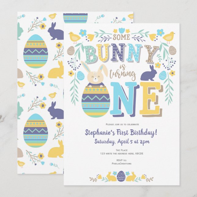 Invitation Pâques, Lapin, Printemps, 1er Anniversaire (Devant / Derrière)