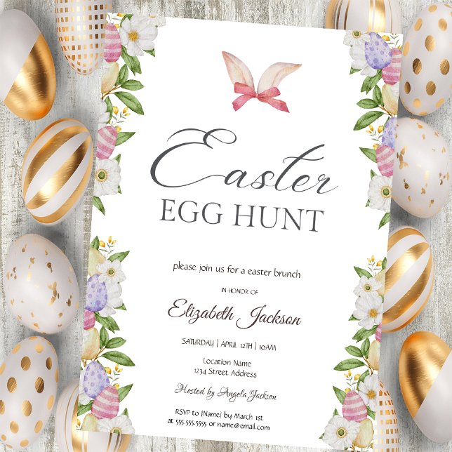 Invitation Pâques Œufs Lapin Oreilles Fleurs Brunch & Bulles  (Créateur téléchargé)