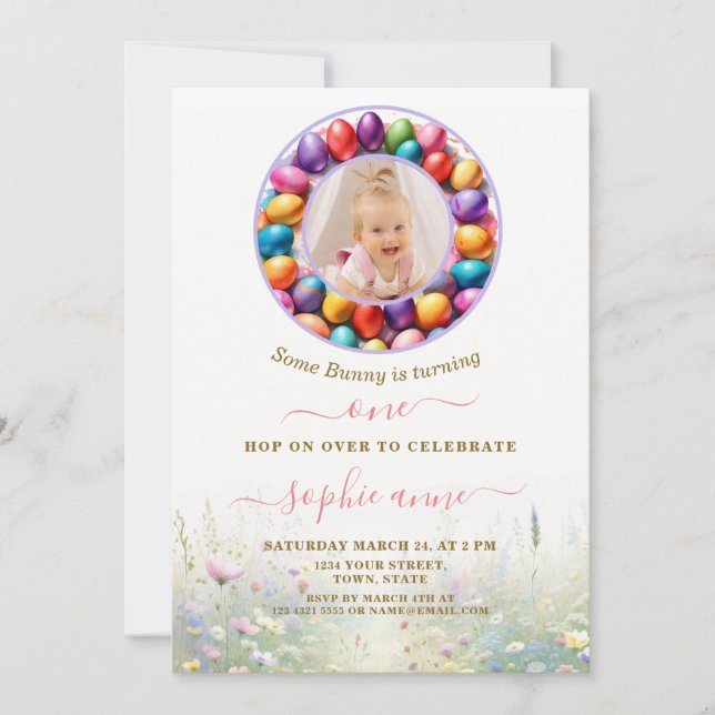 Invitation Pâques Petite fille lapin Photo 1er anniversaire (Devant)
