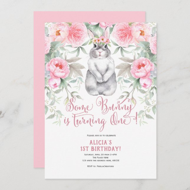 Invitation Pâques, printemps, fille 1er Invitation, un lapin  (Devant / Derrière)