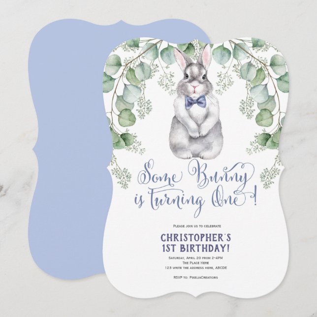 Invitation Pâques, un lapin est Un, 1er anniversaire (Devant / Derrière)