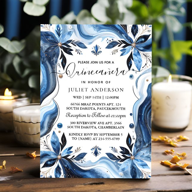Invitation Par Ombre ivoire Ice Sky Gold Royal Blue Quinceane (Créateur téléchargé)