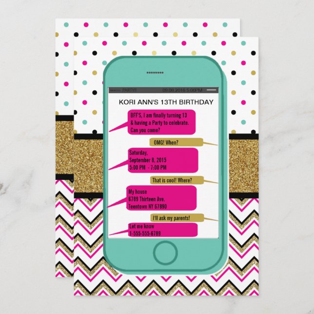 Invitation par SMS pour téléphone portable - Anniv (Devant / Derrière)