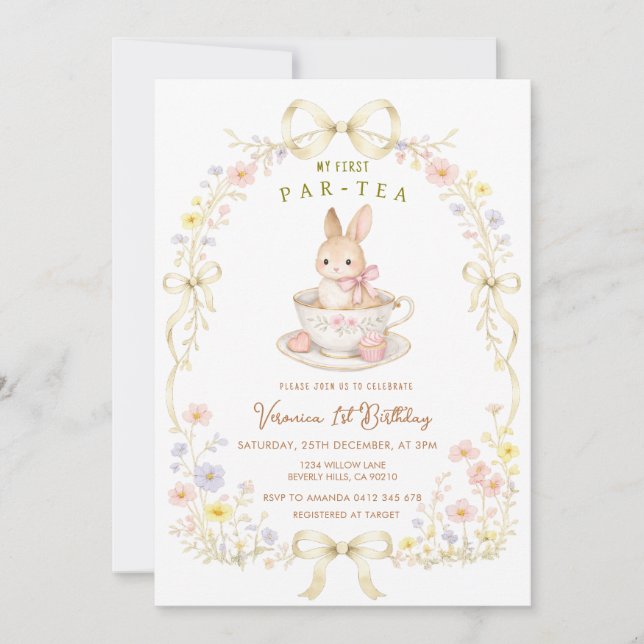 Invitation Par-Tea Bunny 1er Anniversaire fleur sauvage  (Devant)