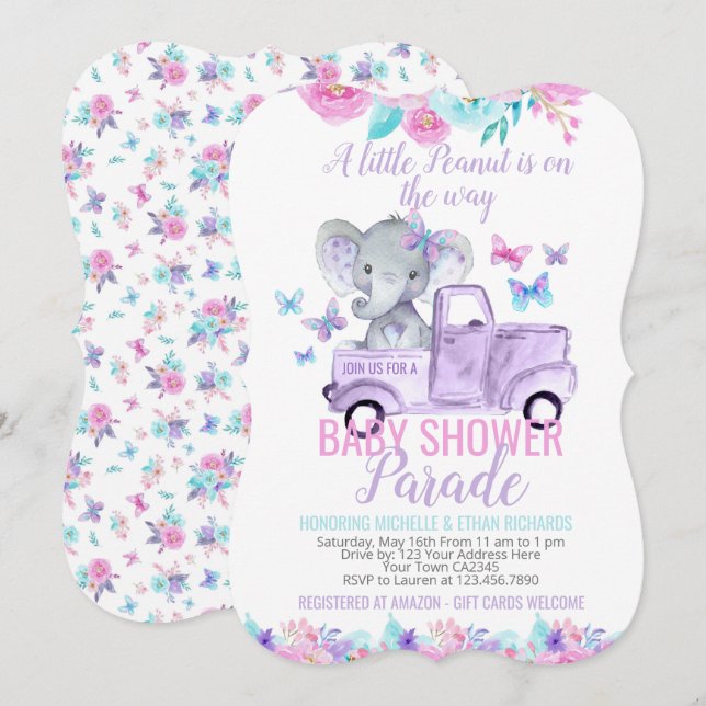 Invitation Parade des Baby showers éléphants (Devant / Derrière)