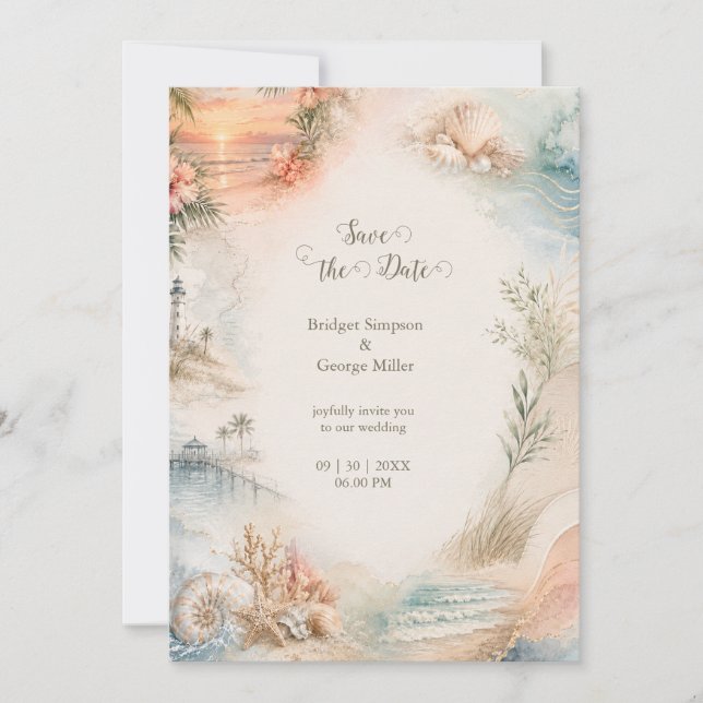 Invitation Paradis de Coquillages de Mariage Côtiers Romantiq (Devant)