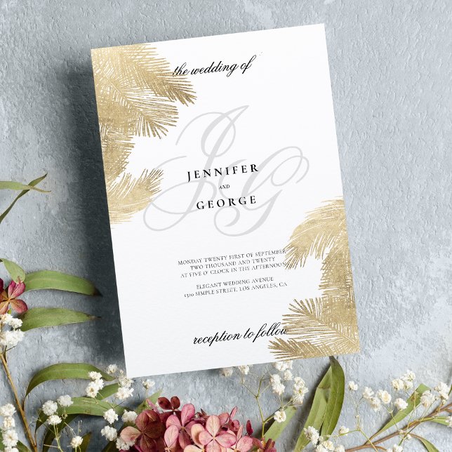 Invitation Paraphes en or blanc monogramme mariage tropical (White gold monogram initials tropical wedding )