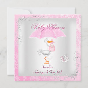 Invitation Parapluie bébé fille rose Damassé Baby Shower