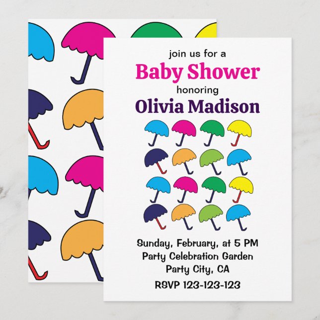 Invitation Parapluie coloré Parapluie bébé Fille Douche (Devant / Derrière)