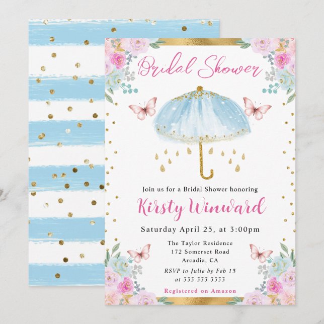 Invitation Parapluie de mariage de printemps bleu aquarelle (Devant / Derrière)