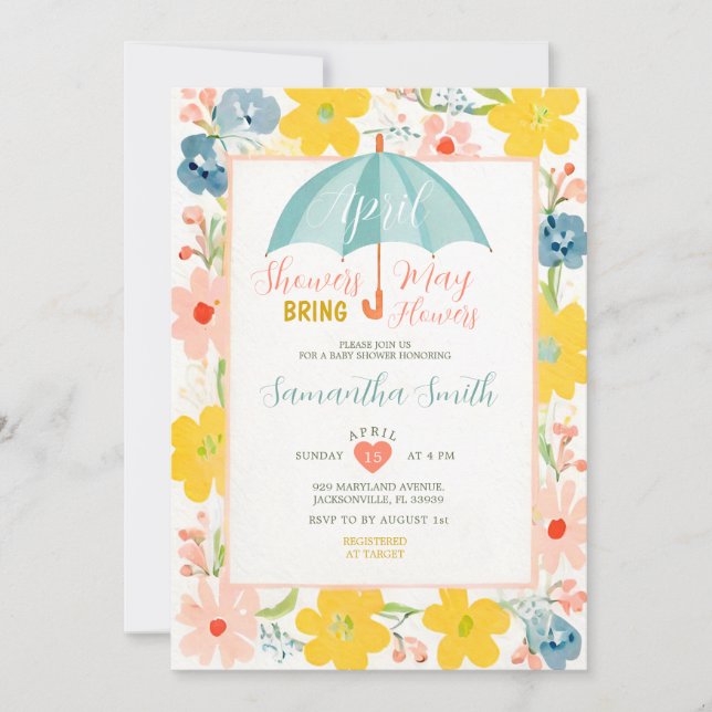 Invitation Parapluie de menthe Baby shower Floral (Devant)