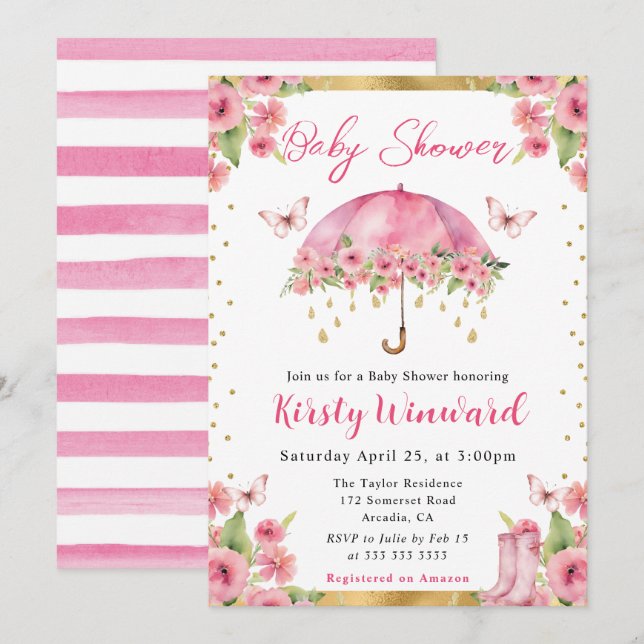 Invitation Parapluie de printemps bébé doré rose aquarelle Ba (Devant / Derrière)