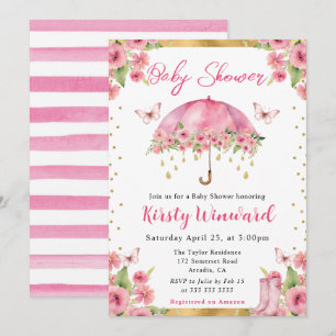 Invitation Parapluie de printemps bébé doré rose aquarelle Ba