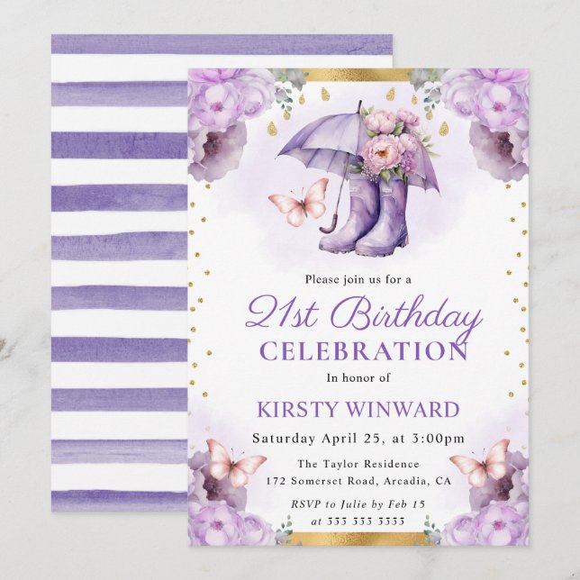 Invitation Parapluie de printemps violet et or 21e anniversai (Devant / Derrière)