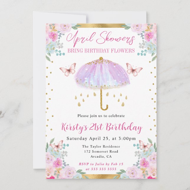 Invitation Parapluie de printemps violet et or 21e anniversai (Devant)