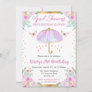 Invitation Parapluie de printemps violet et or 21e anniversai