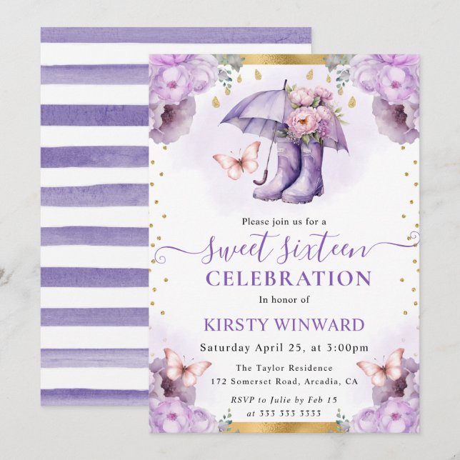 Invitation Parapluie de printemps violet et or doux 16 ans (Devant / Derrière)