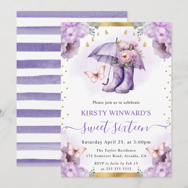 Invitation Parapluie de printemps violet et or Sweet 16 (Devant / Derrière)