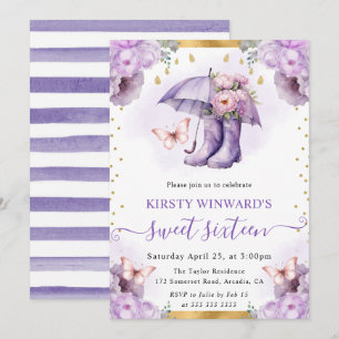 Invitation Parapluie de printemps violet et or Sweet 16