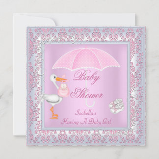 Invitation Parapluie Fille Rose Damas Baby Shower