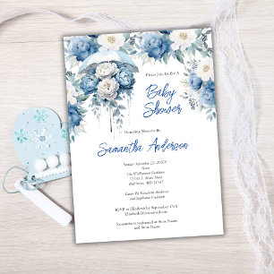 Invitation Parapluie Fleur Bleu Blanc Garçon Baby Shower