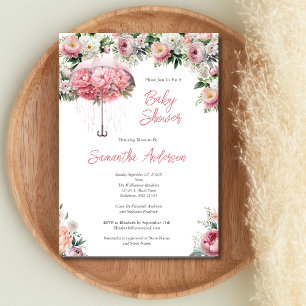 Invitation Parapluie Fleurie Rose et Blanche pour Baby Shower
