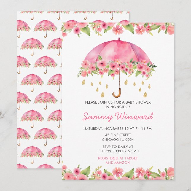 Invitation Parapluie Floral Rose Baby Shower (Devant / Derrière)