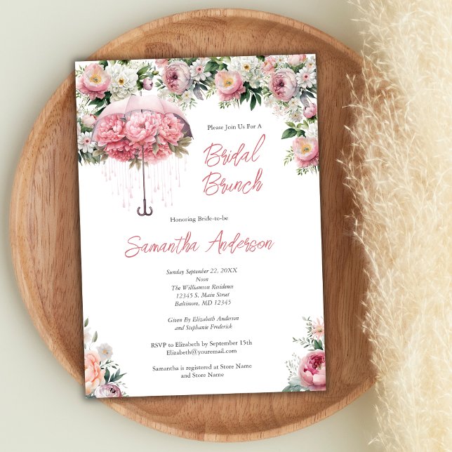 Invitation Parapluie Floral Rose et Blanc Mariage Brunch (Pink White Watercolor Floral Umbrella Bridal Brunch Shower Invitation)