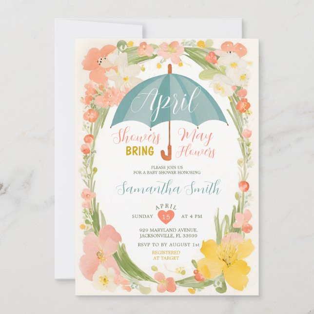 Invitation Parapluie Menthe Avril Pluies Fleur Baby Shower (Devant)