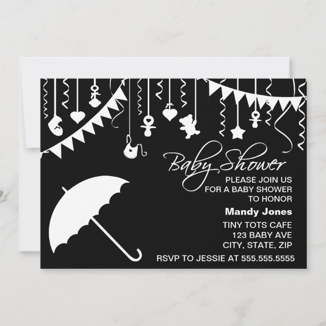 Invitation Parapluie noir et blanc baby shower moderne (Devant)