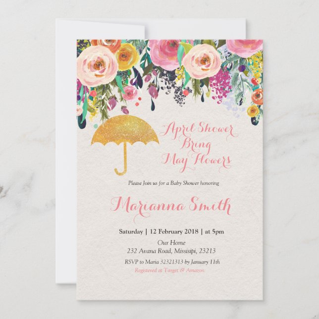 Invitation Parapluie Or Douche d'avril Apporter mai Fleurs (Devant)