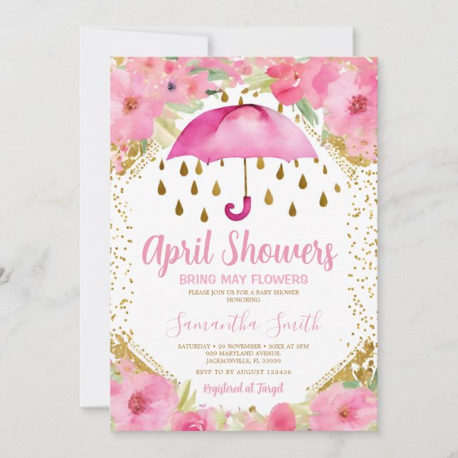 Invitation Parapluie Rose Avril Pluies Apportent Fleurs de Ma (Devant)
