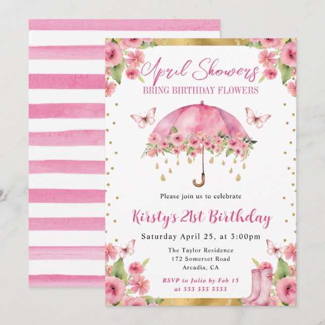 Invitation Parapluie Rose Doré Aquarelle 21e Anniversaire (Devant / Derrière)